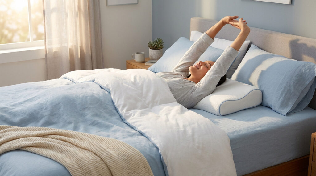 Une femme s'étire joyeusement au réveil sur un oreiller ergonomique dans une chambre lumineuse et confortable.