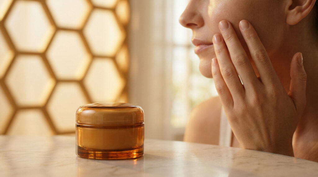 Pot de crème cosmétique ambré sur fond texturé en forme d'alvéoles de ruche près d'une femme.