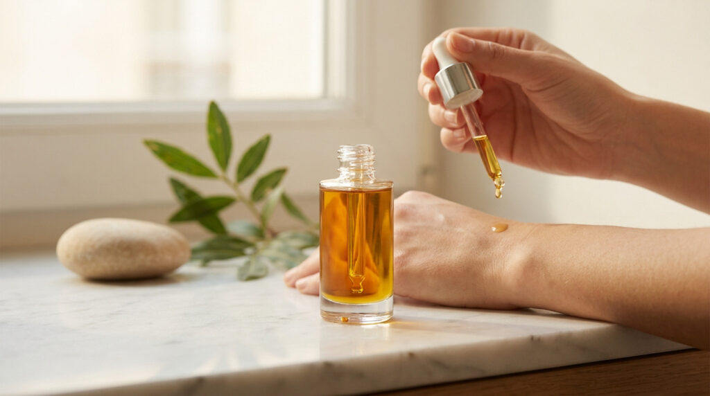 Une main utilisant une pipette pour appliquer de l'huile de souchet dorée sur la peau près d'une fenêtre.