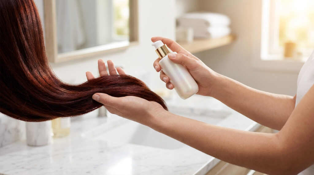Une femme appliquant un sérum capillaire sur ses cheveux roux dans une salle de bain lumineuse.