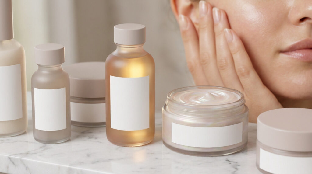 Produits de soin pour la peau avec flacons minimalistes et une femme touchant son visage lumineux.