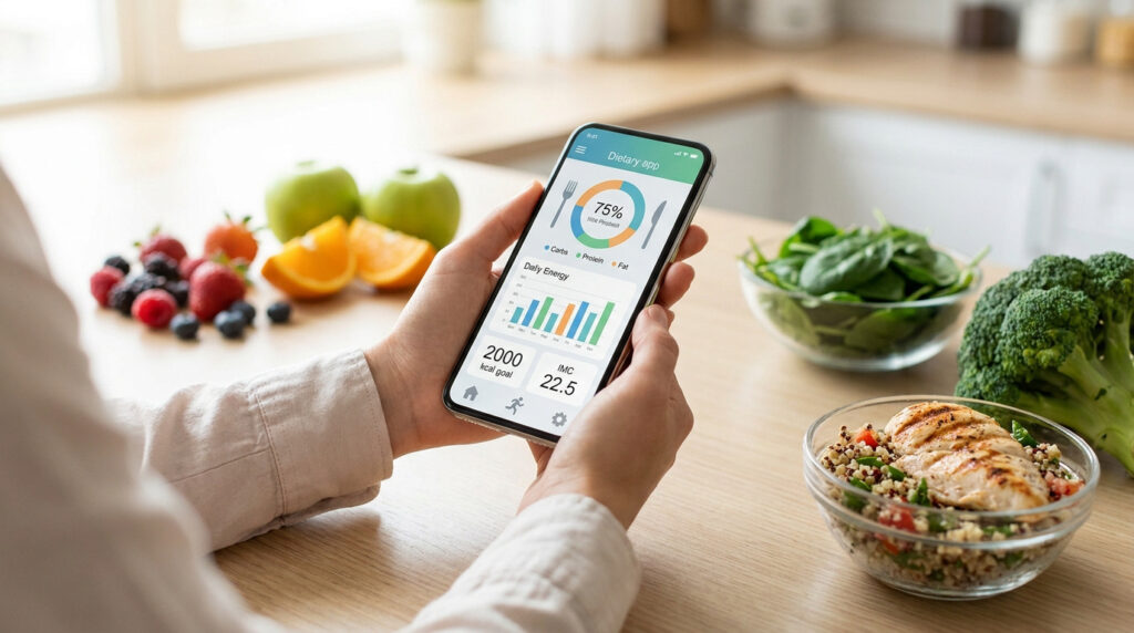 Personne utilisant une application de suivi nutritionnel sur smartphone au milieu d'aliments sains dans une cuisine.