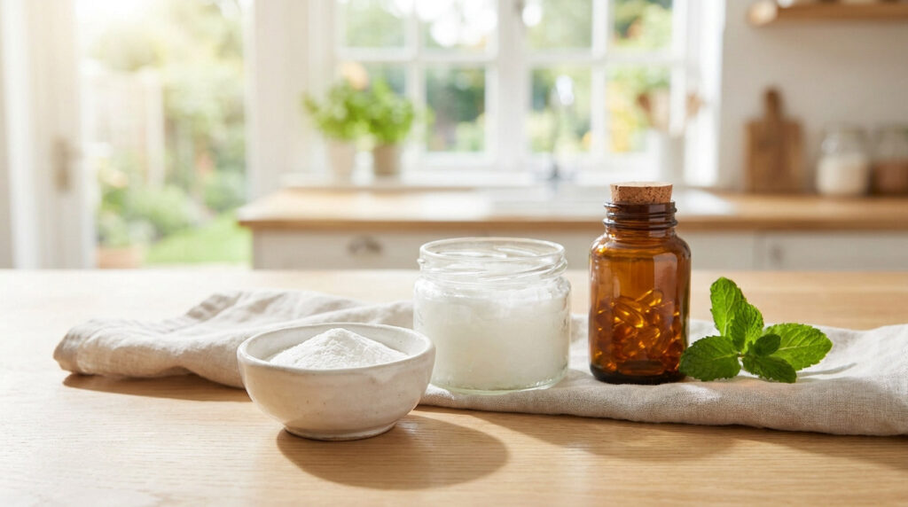 Ingrédients naturels sur une table en bois : bicarbonate, huile de coco, gélules et menthe fraîche.