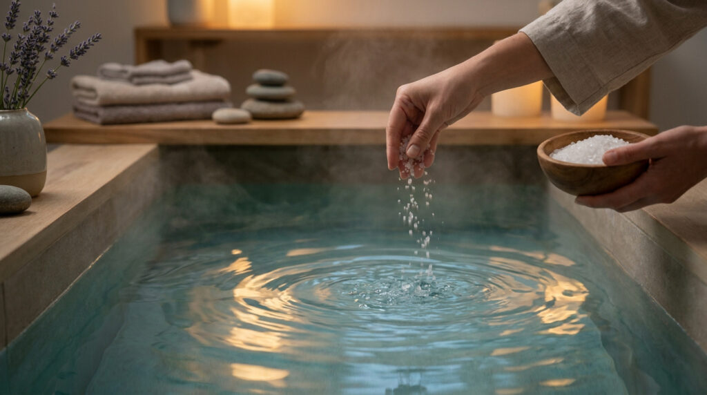 Mains versant du sel d'Epsom dans une baignoire fumante remplie d'eau, dans une ambiance de spa zen.