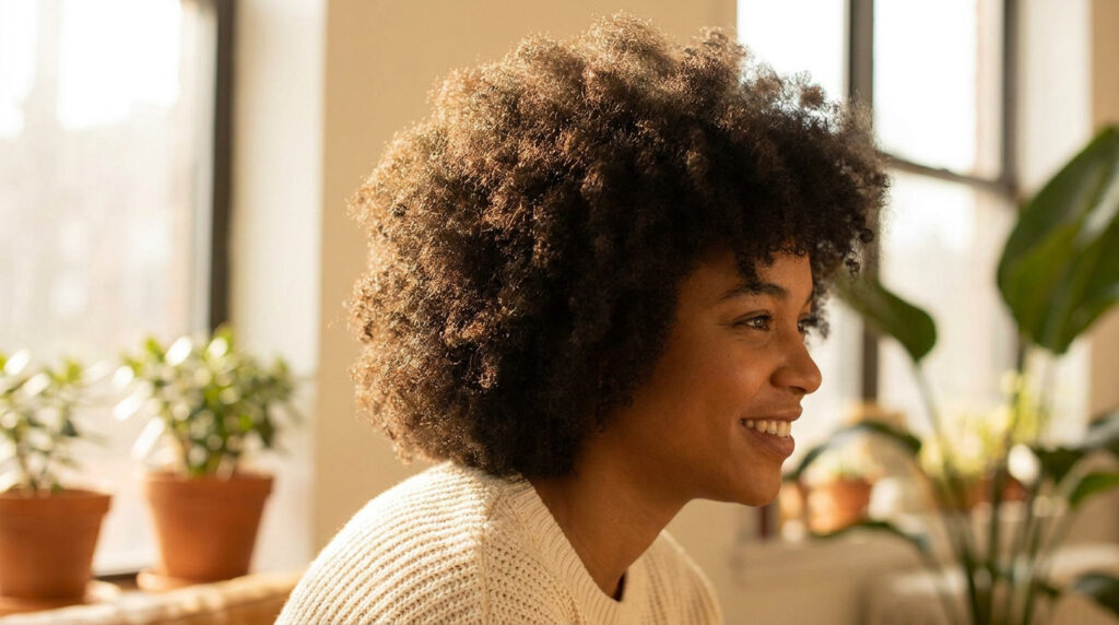 Femme noire souriante avec des cheveux afro naturels volumineux et lumineux près d'une fenêtre ensoleillée.