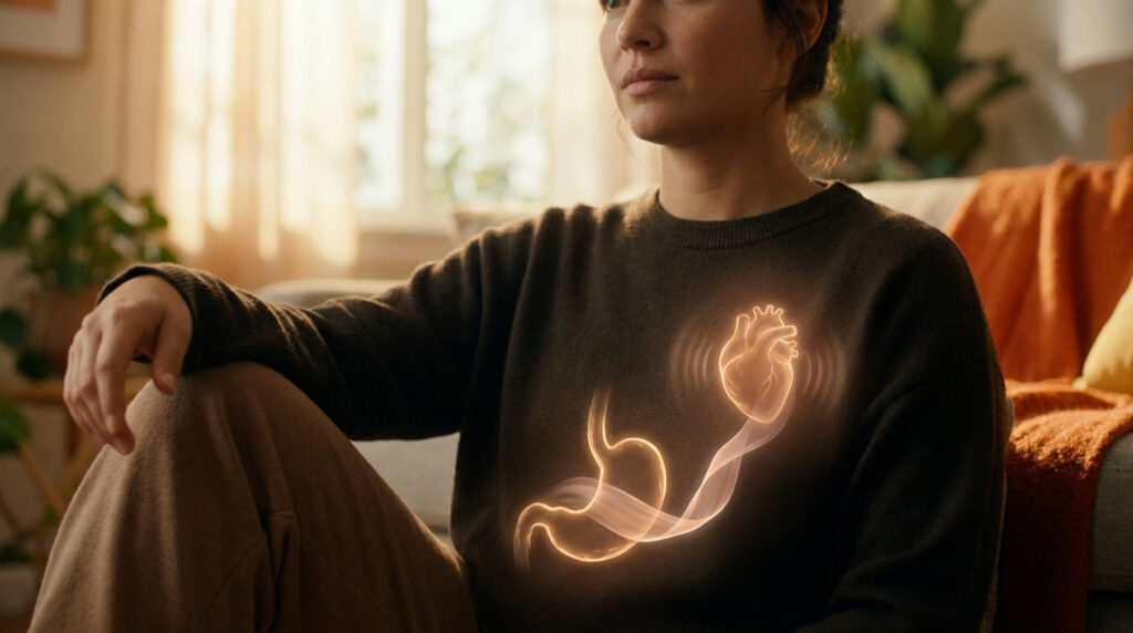Illustration montrant une connexion lumineuse entre l'estomac et le cœur chez une femme assise chez elle.