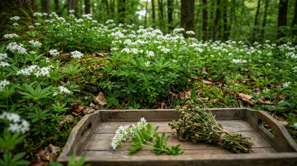 Un plateau en bois avec des brins d'aspérule odorante devant un tapis de fleurs blanches dans une forêt printanière.