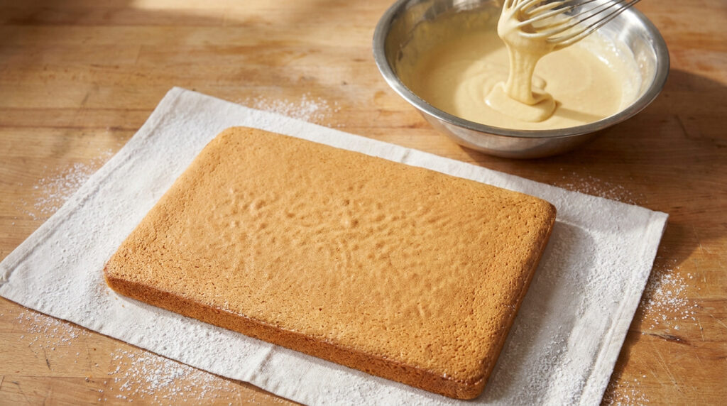 Biscuit génoise rectangulaire posé sur un torchon saupoudré de sucre avec un cul-de-poule et un fouet en arrière-plan.