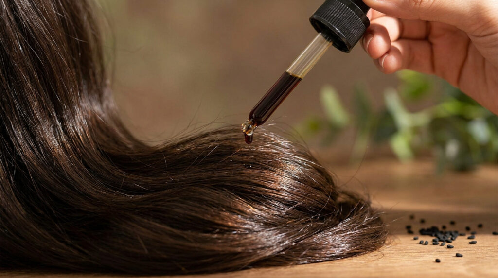 Une main utilisant une pipette pour appliquer de l'huile de nigelle sur une mèche de cheveux bruns.