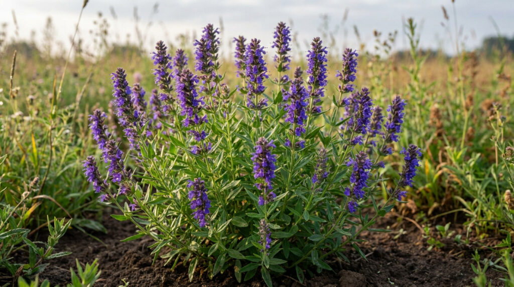 Un buisson d'hysope aux fleurs violettes éclatantes en pleine floraison dans un champ ensoleillé.