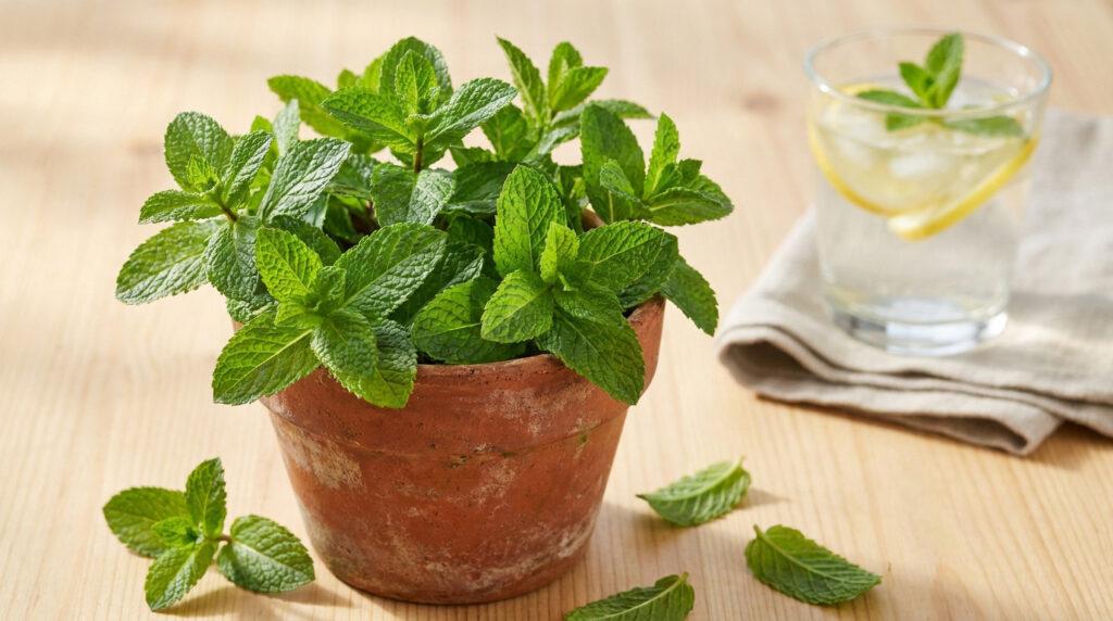 Un pot en terre cuite rempli de feuilles de menthe fraîche posé sur une table en bois près d'un verre d'eau citronnée.