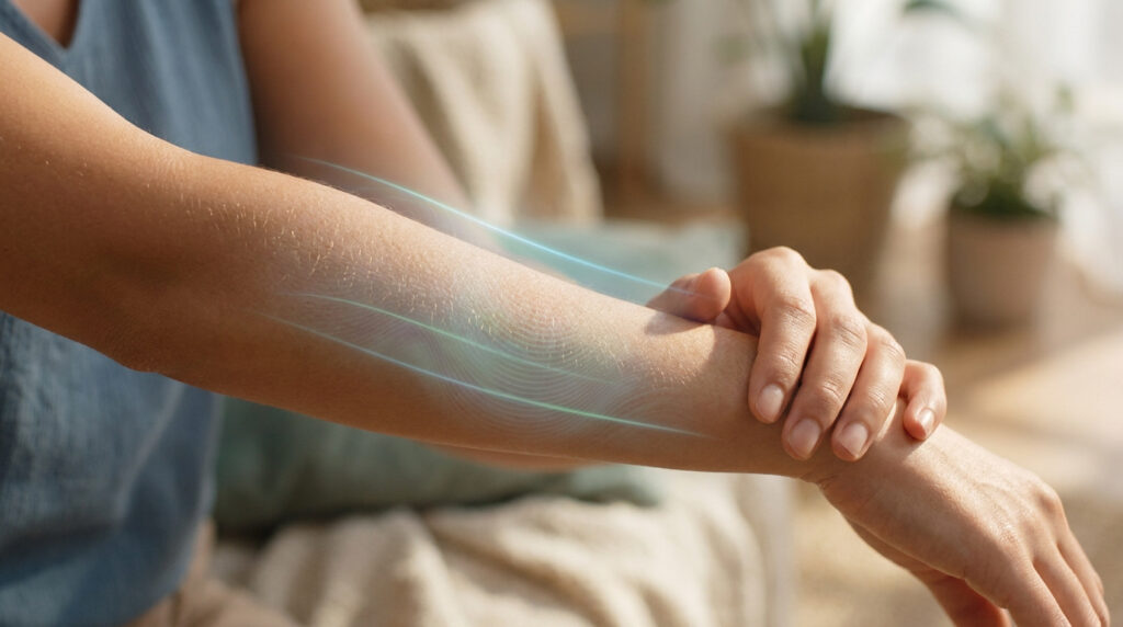 Gros plan sur un bras humain avec des lignes lumineuses symbolisant la protection de la barrière cutanée.