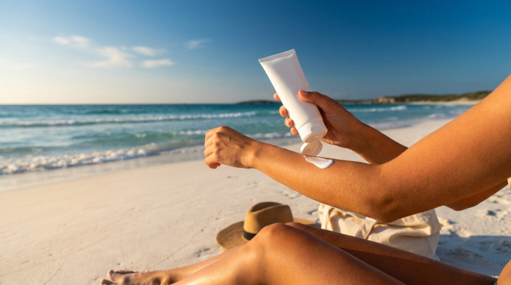Une personne applique de la crème solaire blanche sur son bras sur une plage ensoleillée avec la mer en arrière-plan.