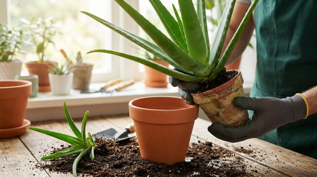 Jardinier portant des gants manipulant un Aloe Vera pour le rempoter dans un pot en terre cuite sur une table en bois.