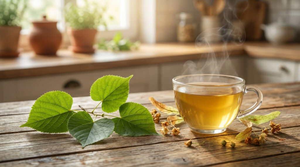 Une tasse fumante de tisane de tilleul avec des feuilles fraîches sur une table en bois dans une cuisine lumineuse.